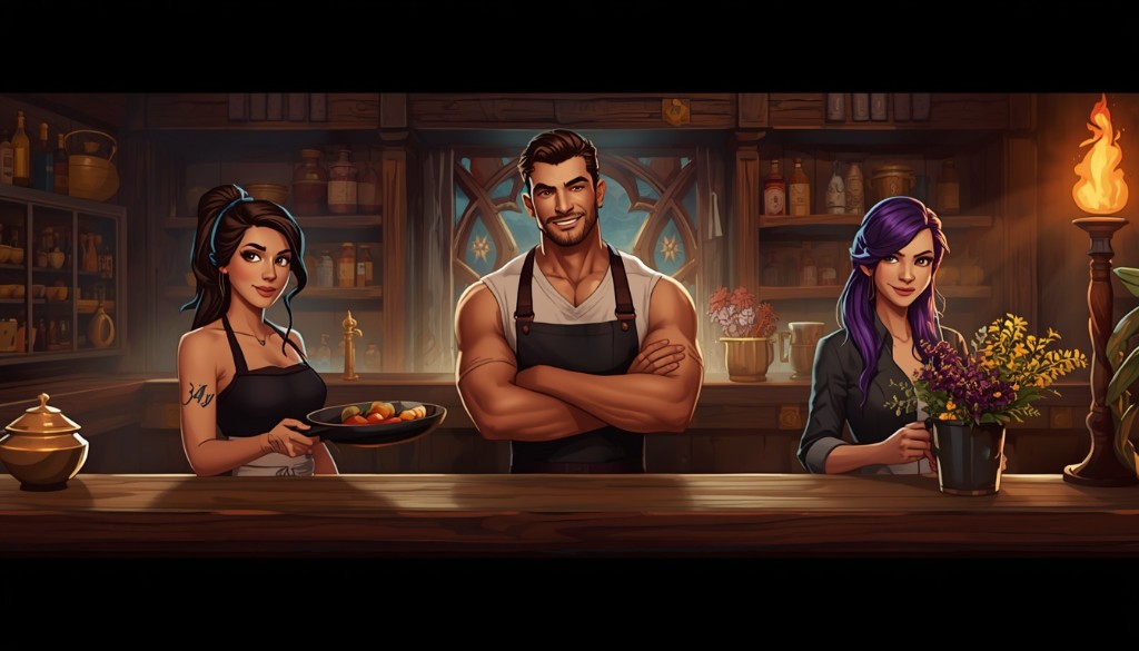 Jake, Carmen, and Sabrina at the Adventure Frontier tavern bar